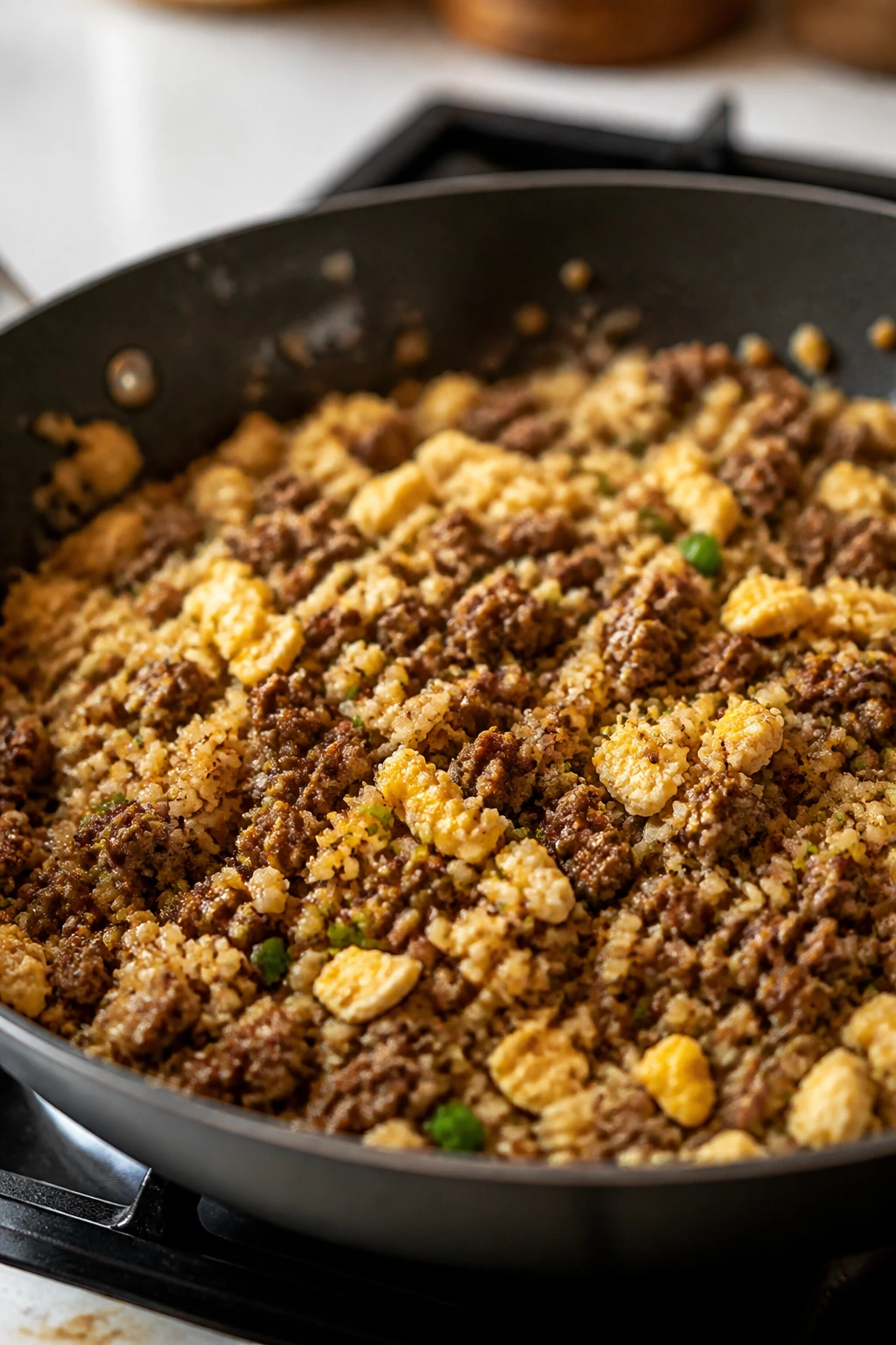 Ground beef cauliflower rice stir-fry close-up in pan