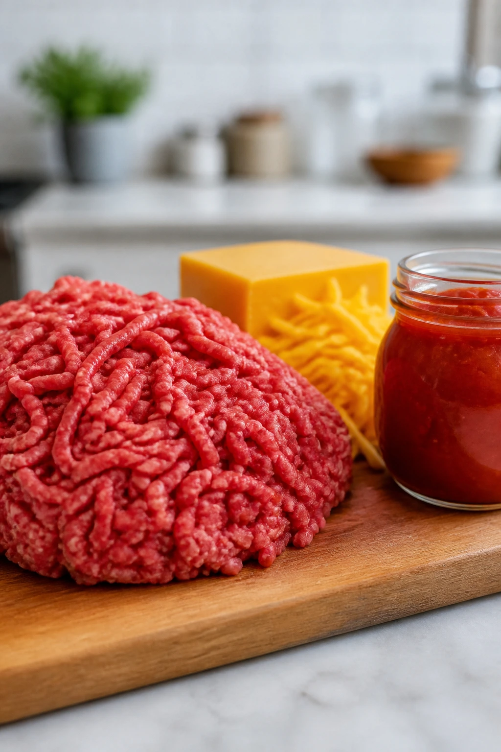 Ground beef, shredded cheese, and tomato sauce on a wooden board.