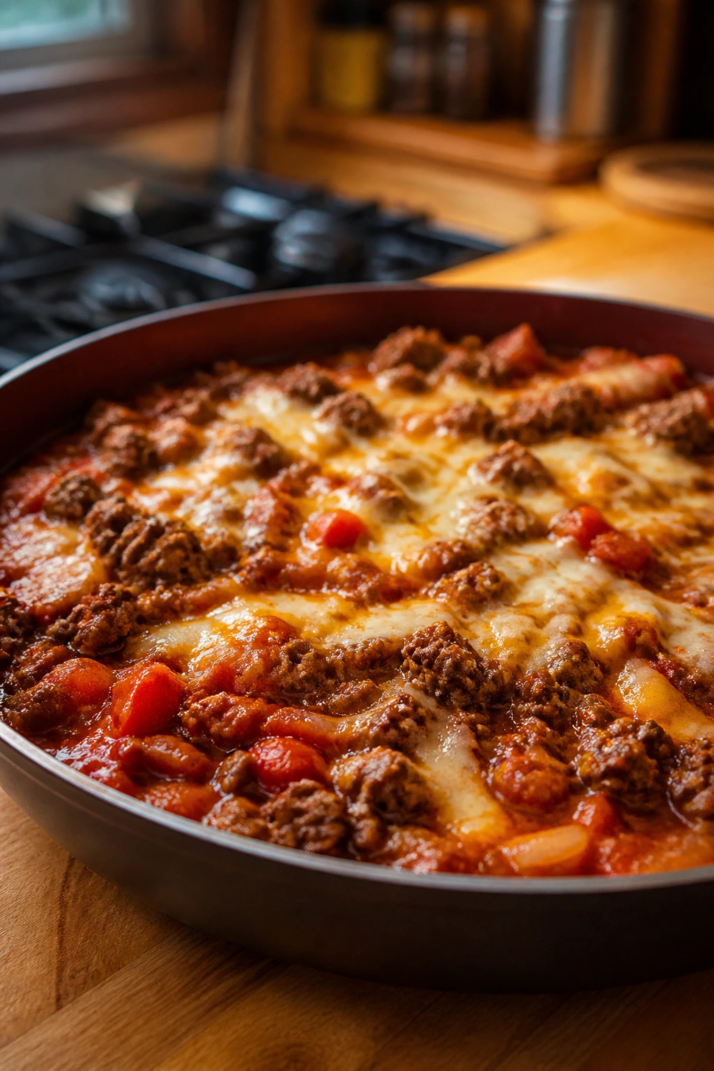 Close-up of a richly sauced ground beef dish on a wooden kitchen counter.