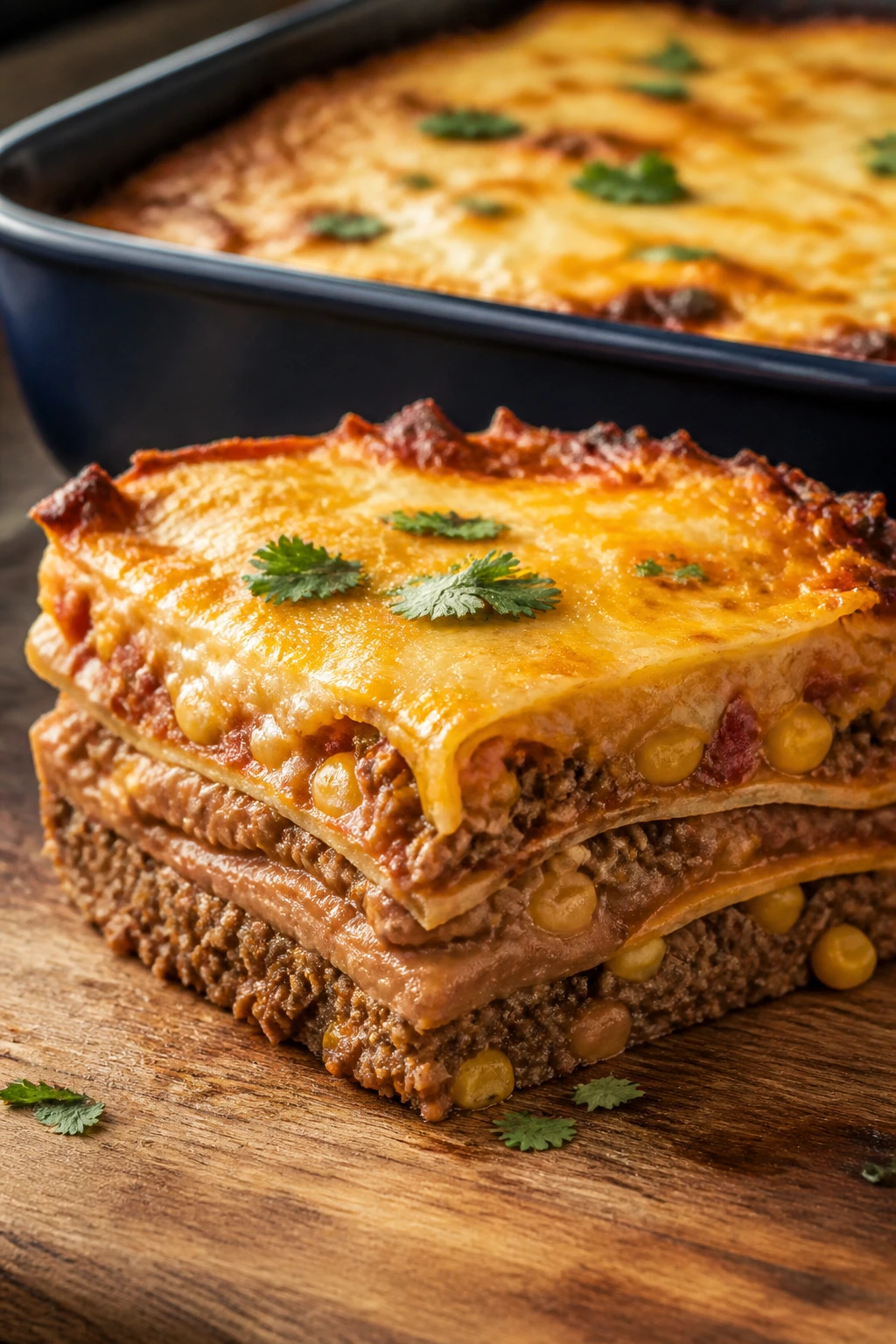 Sliced Ground Beef Enchilada Bake showing layers of beef, beans, corn and cheese