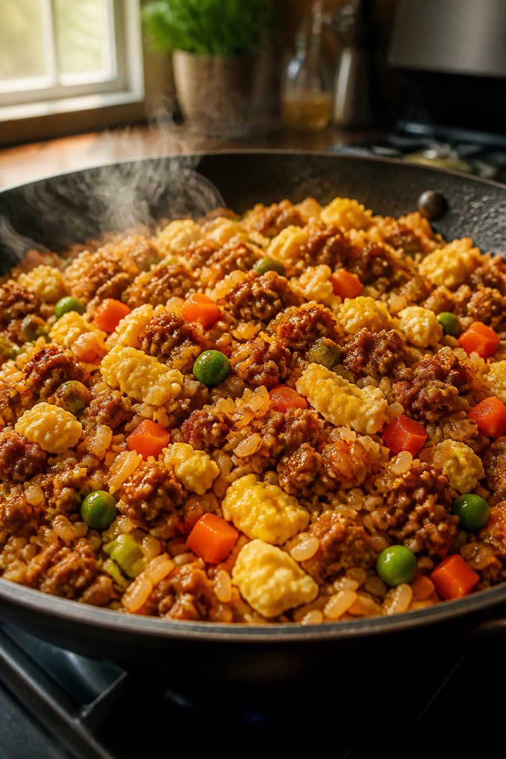 Close-up of ground beef fried rice in a skillet with peas and carrots