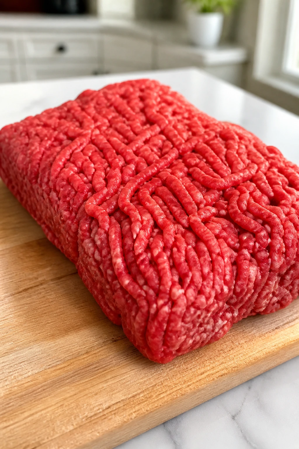 Mound of fresh ground beef on a cutting board in a bright kitchen