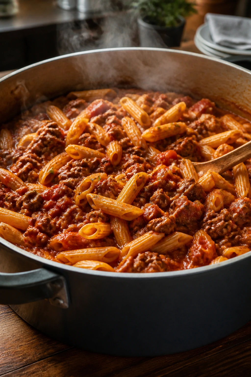 Close-up of a large pot of ground beef pasta dinner
