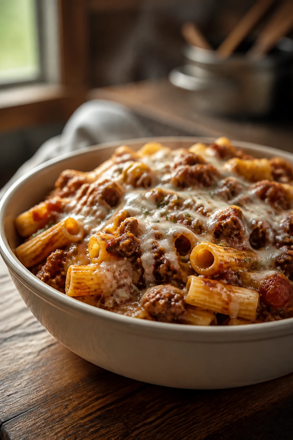 Close-up of a steaming ground beef pasta dish in a bowl on a rustic wooden table