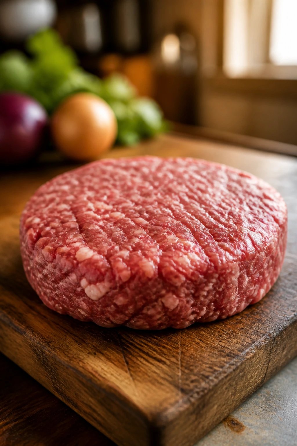 Close-up of an 80/20 ground beef patty on a rustic cutting board ready for grilling