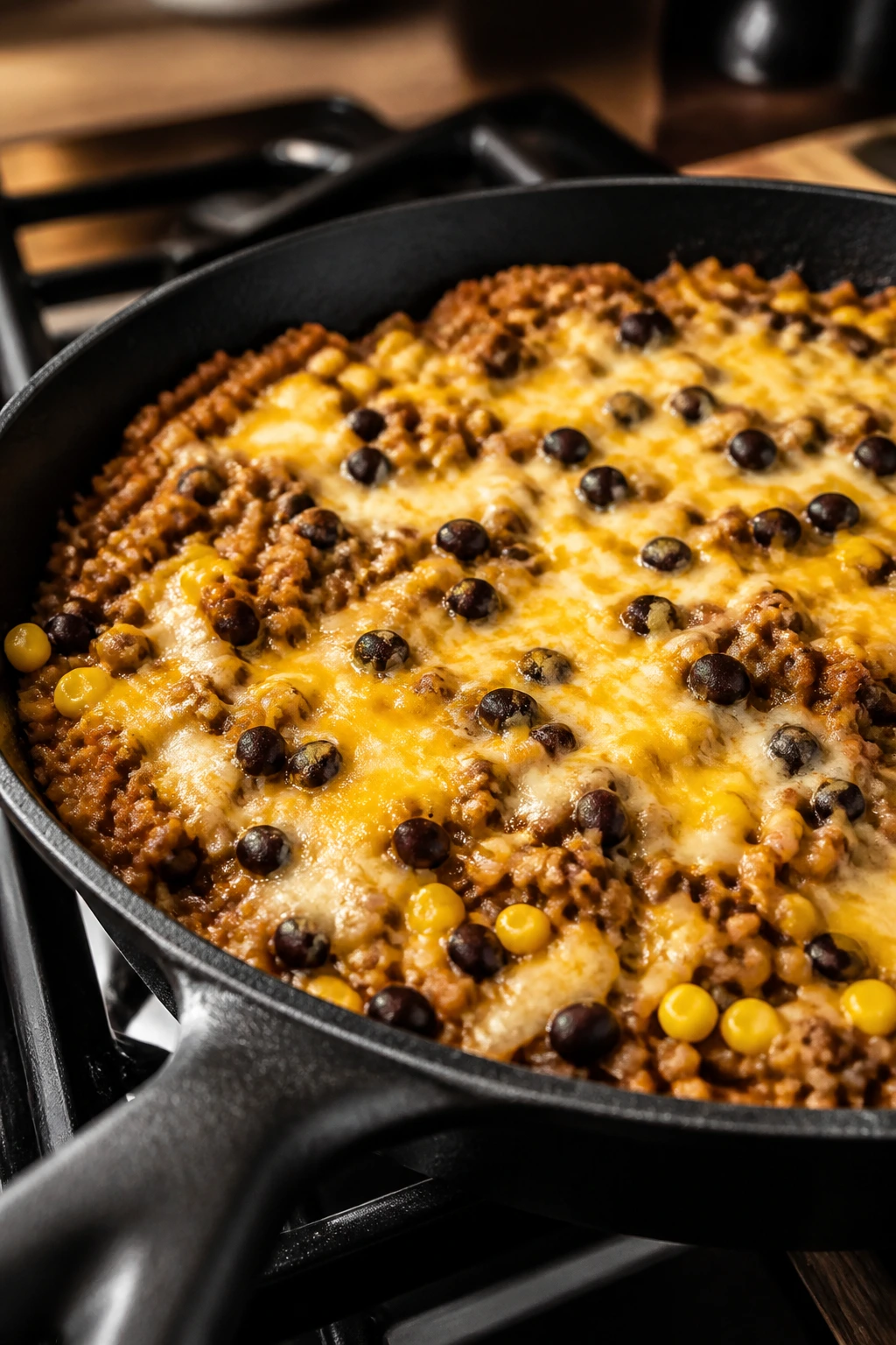 Skillet of ground beef taco rice filled with beans and corn