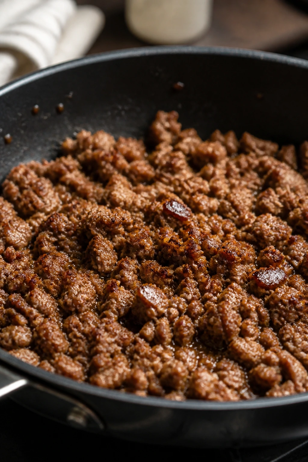 Close-up of browned ground beef in a skillet with caramelized bits