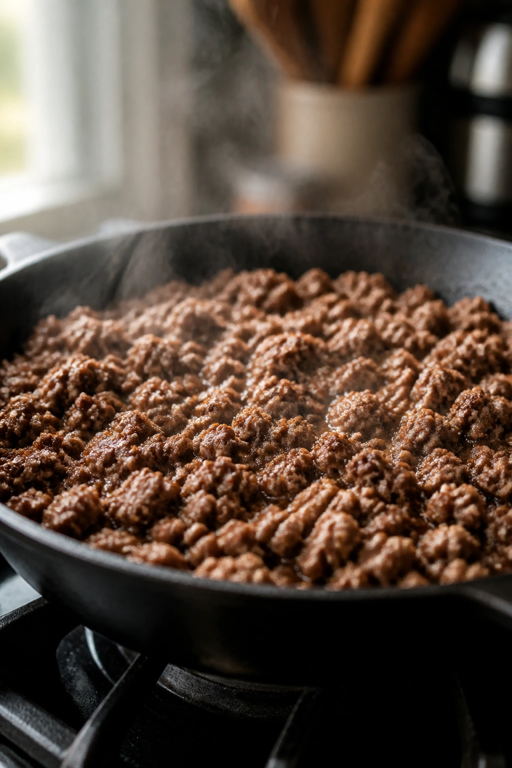 Close-up of browned ground beef in a skillet in a warm kitchen