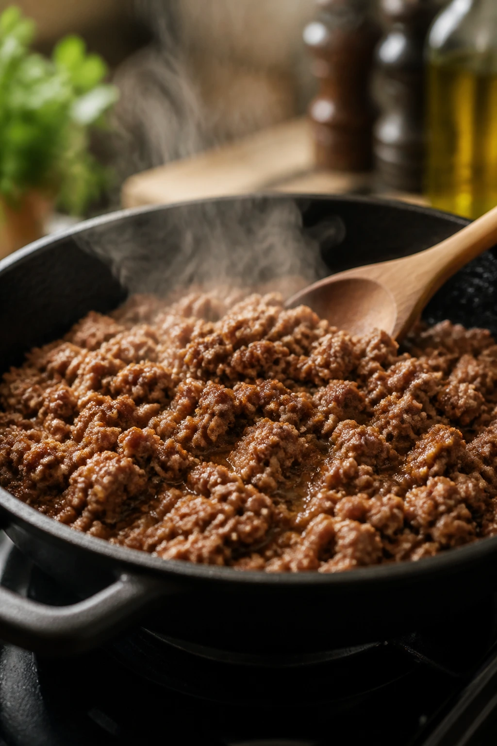 Close-up of browning ground beef in a skillet with steam.