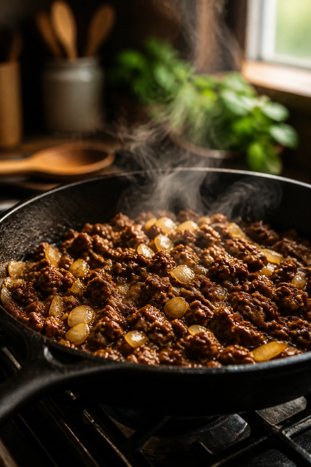 Close-up of ground beef skillet with onions browning on a stove in a cozy kitchen