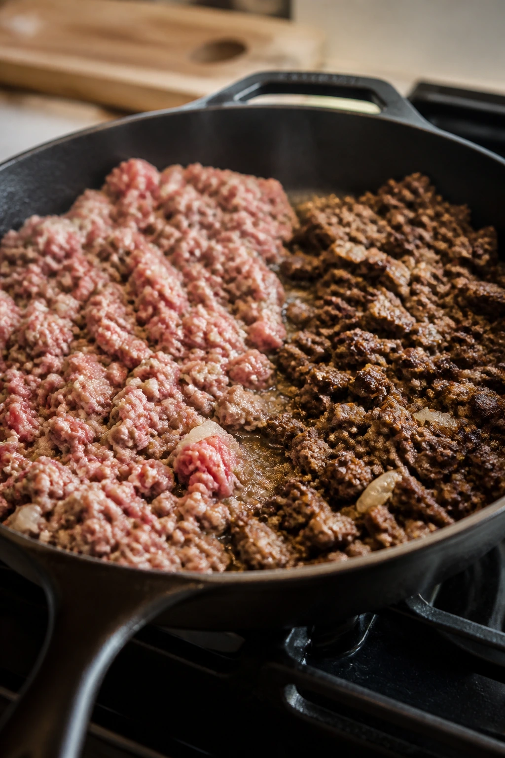Close-up of ground beef in a skillet highlighting common skillet mistakes like overcrowding and uneven browning