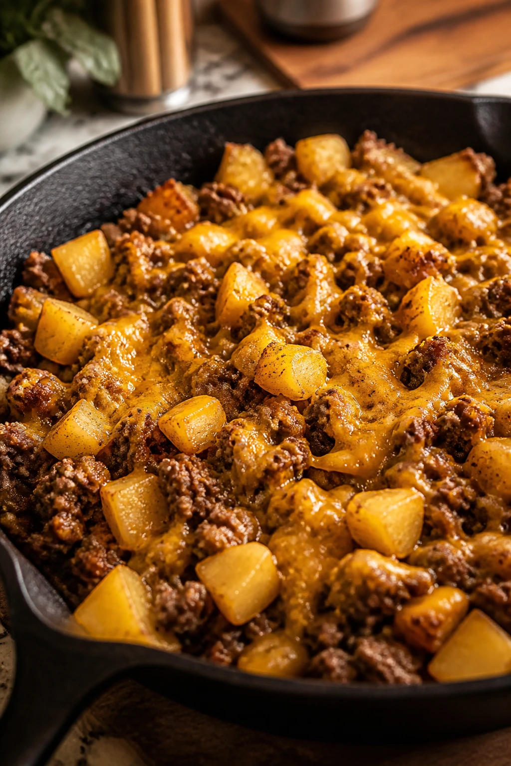 Close-up of ground beef and potato skillet with melted cheese