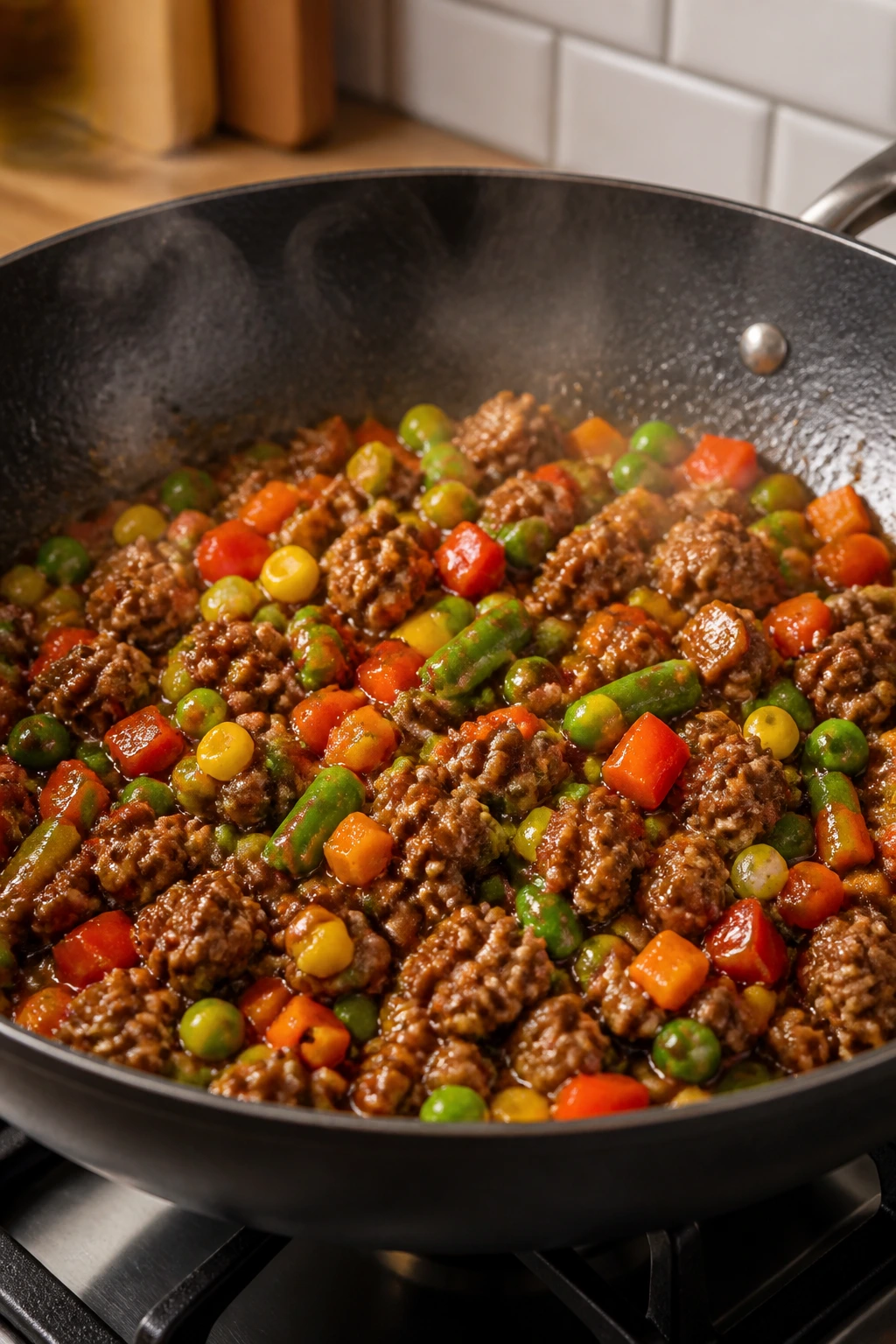 Sizzling ground beef with frozen vegetables in a wok