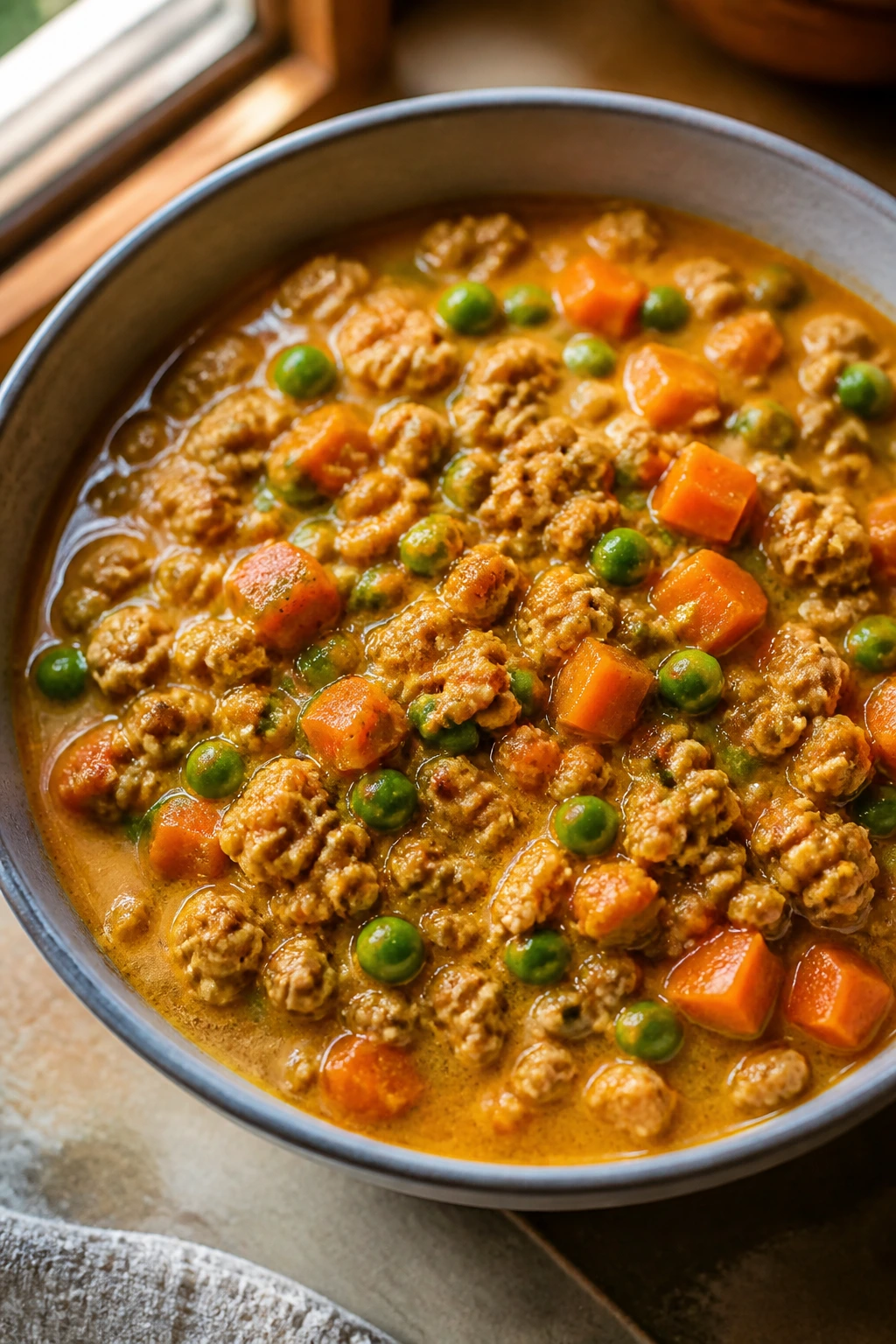 Close-up of ground turkey coconut curry with peas and carrots in a bowl