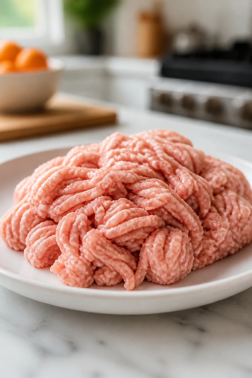 Raw ground turkey on a plate in a kitchen setting
