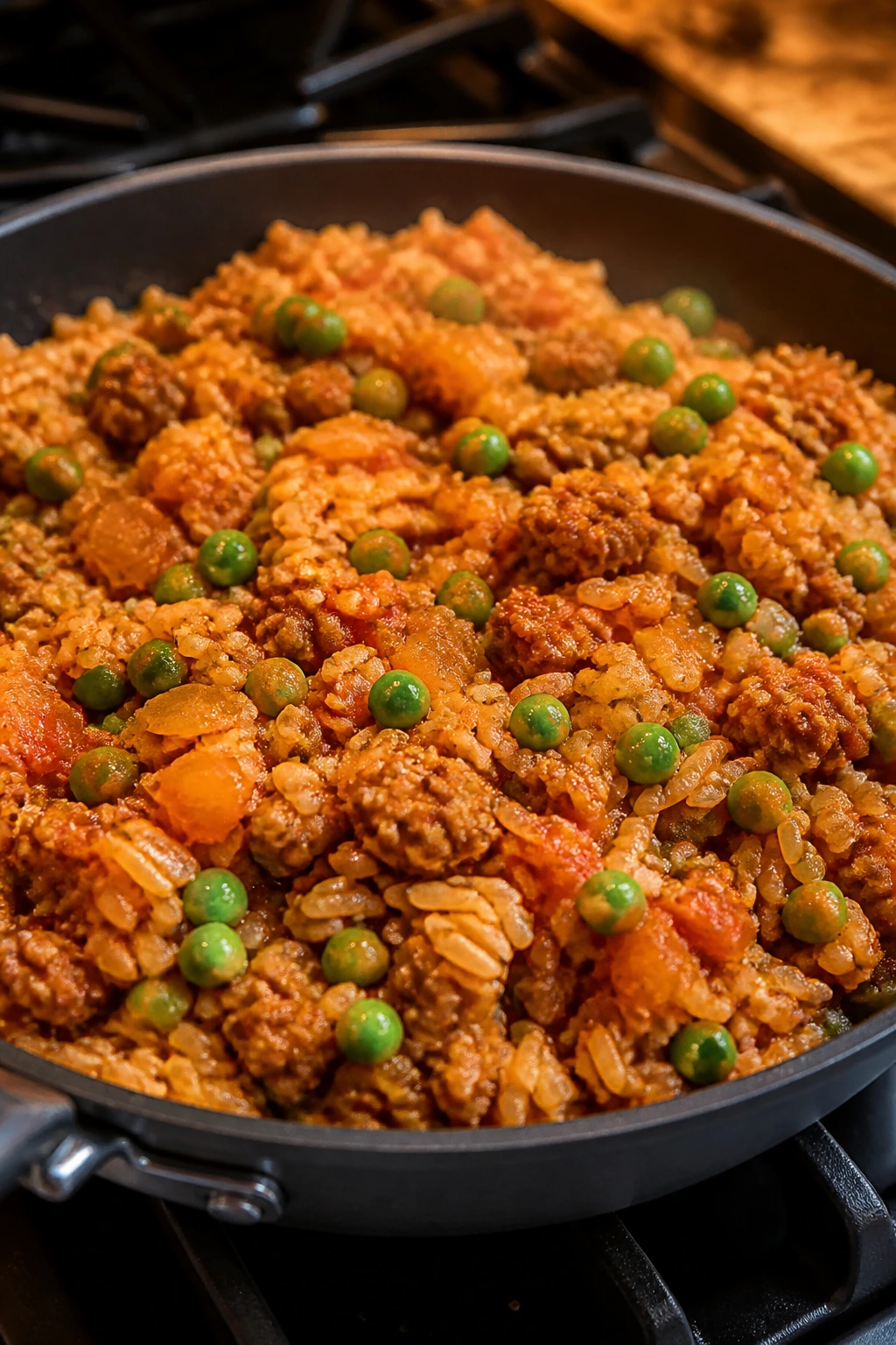 Close-up of ground turkey skillet rice in a pan