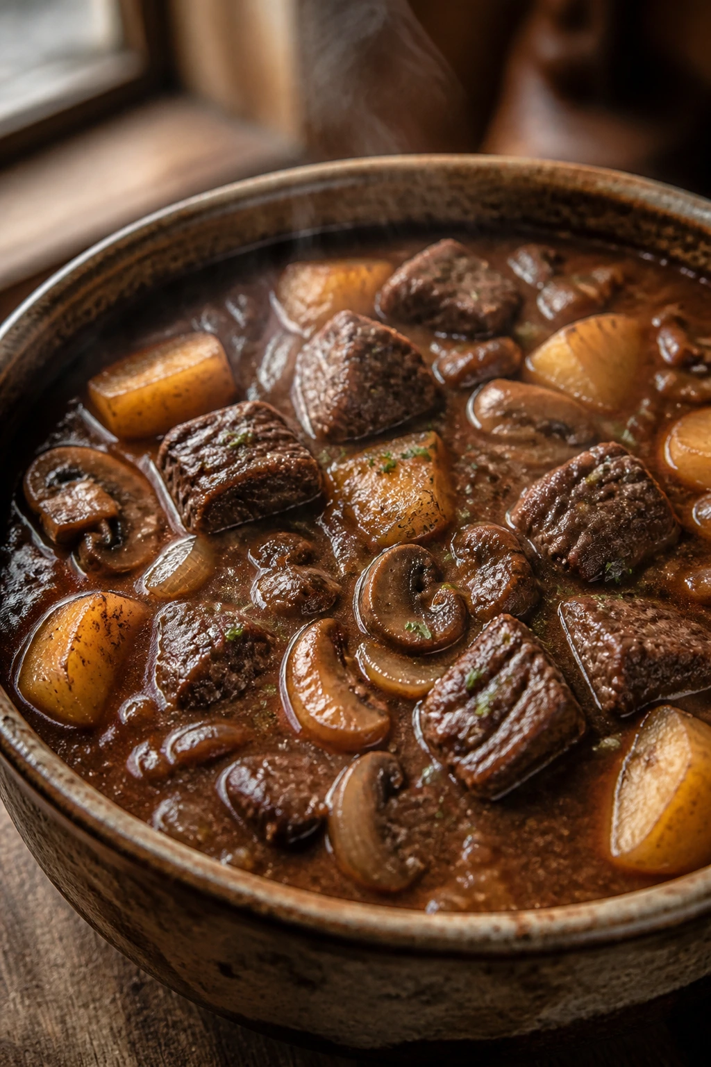 Close-up of Guinness Beef Stew in a rustic bowl with beef, potatoes, and mushrooms in dark stout broth.
