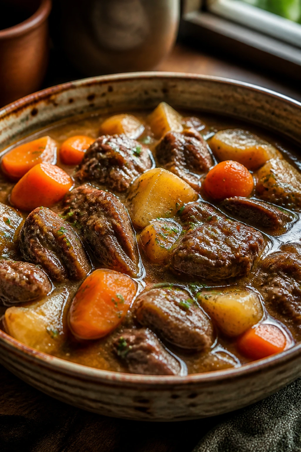 Close-up of Guinness beef stew with carrots and potatoes in a rustic bowl