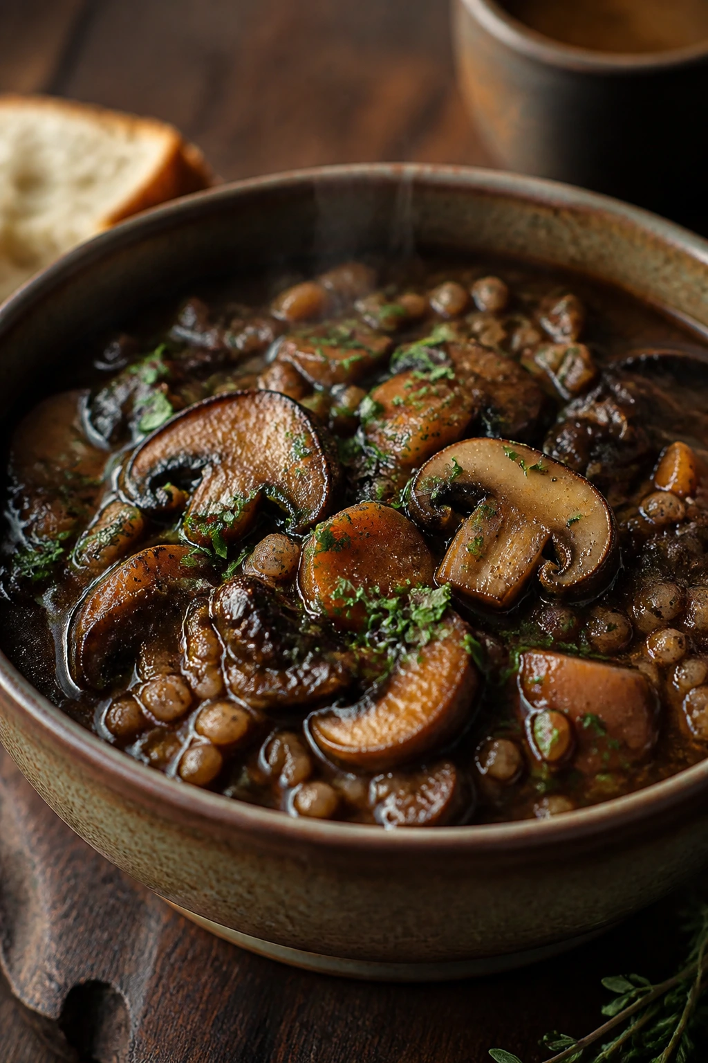 Close-up of Guinness Mushroom and Barley Stew in a rustic bowl showing mushrooms and barley