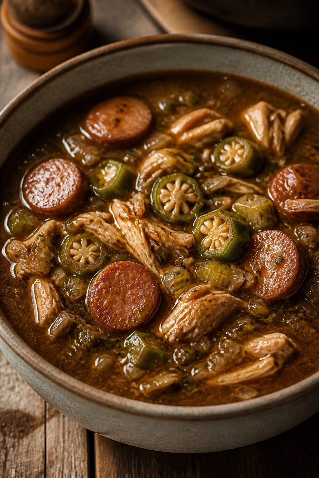 Close-up of chicken, sausage, and okra gumbo in a bowl