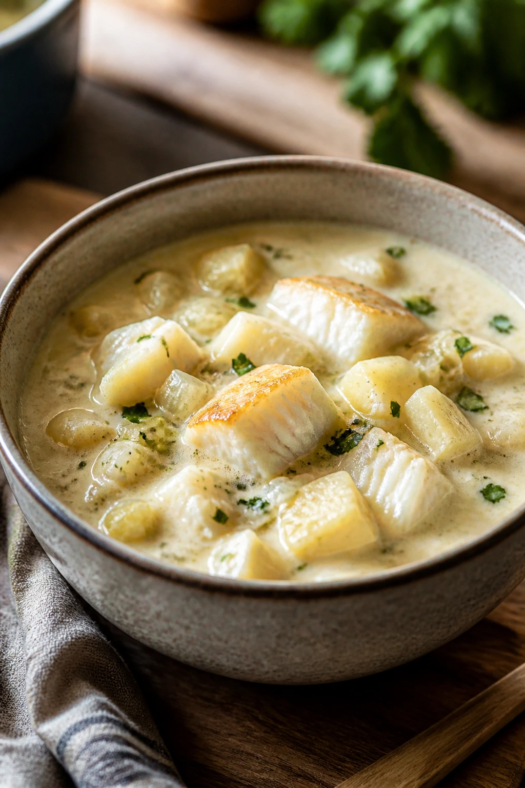 Medium-close view of smoked haddock chowder with parsnip