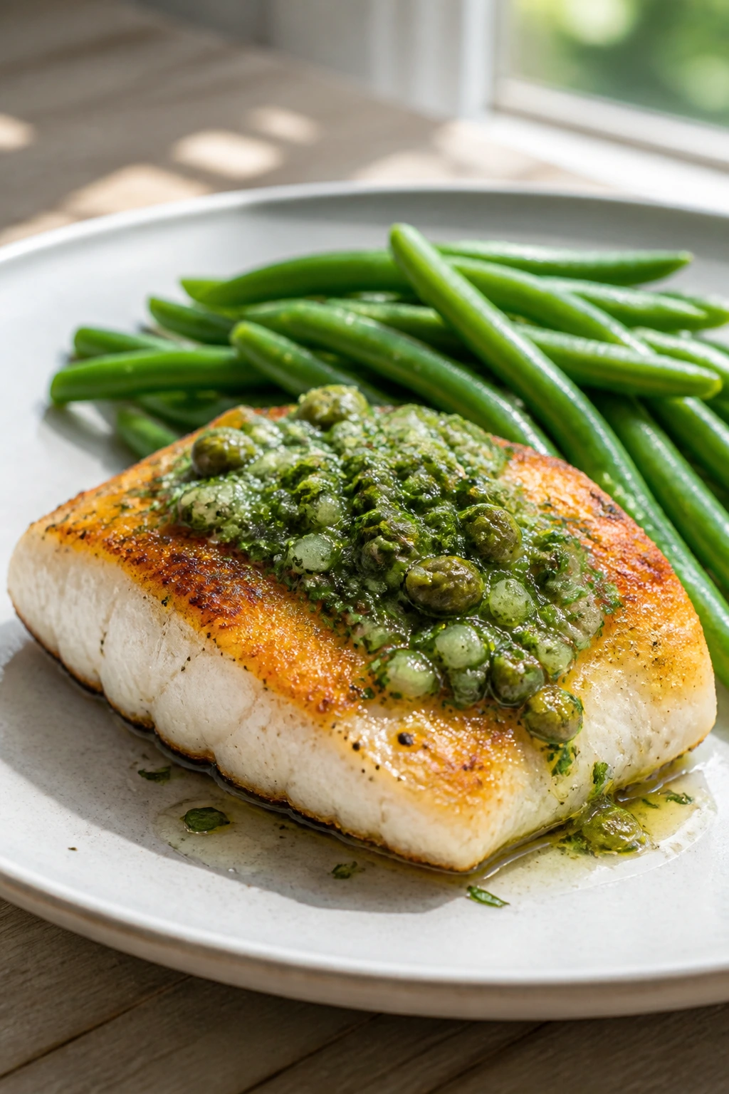 Halibut fillet with salsa verde and green beans on plate