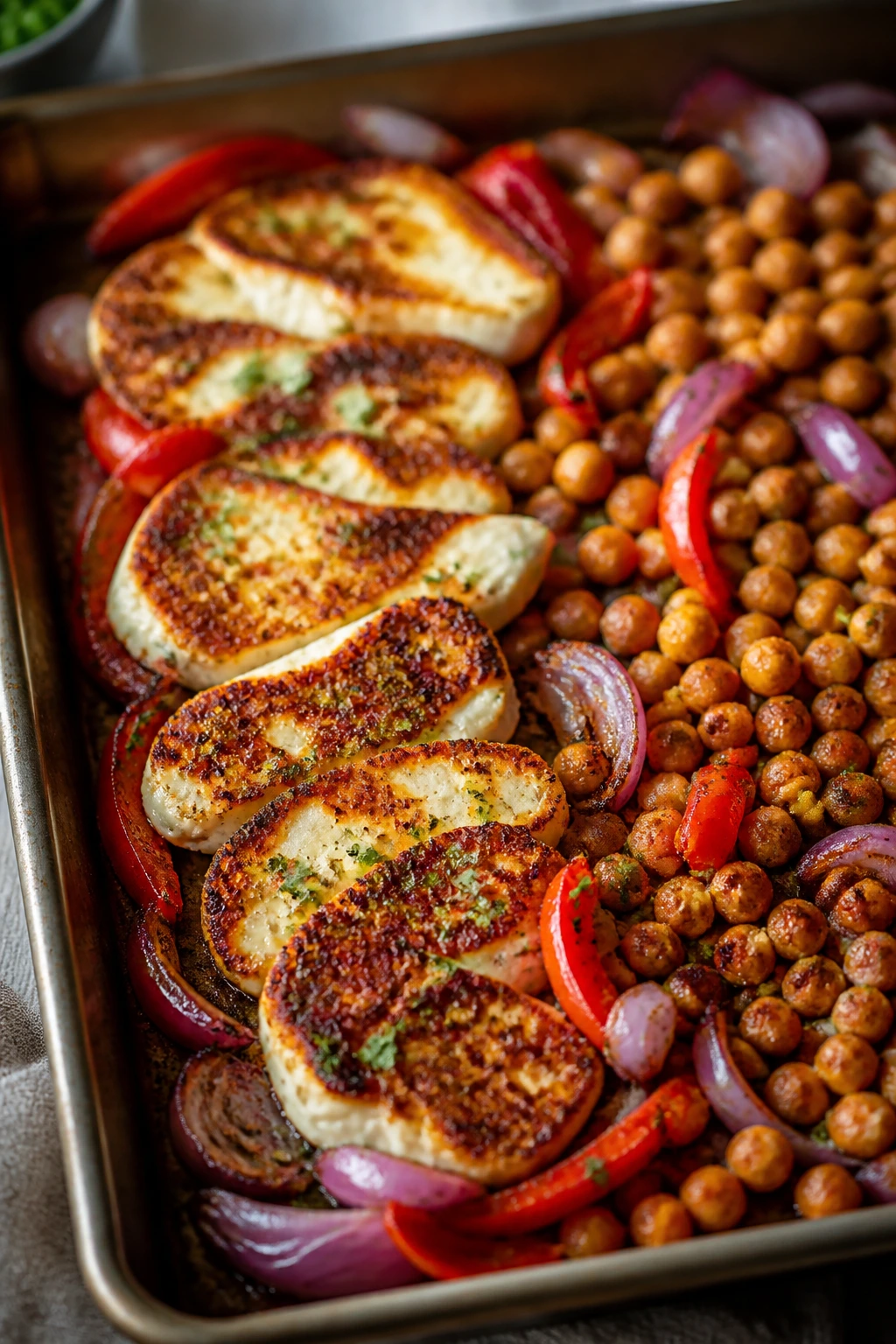 Halloumi and chickpeas on sheet pan