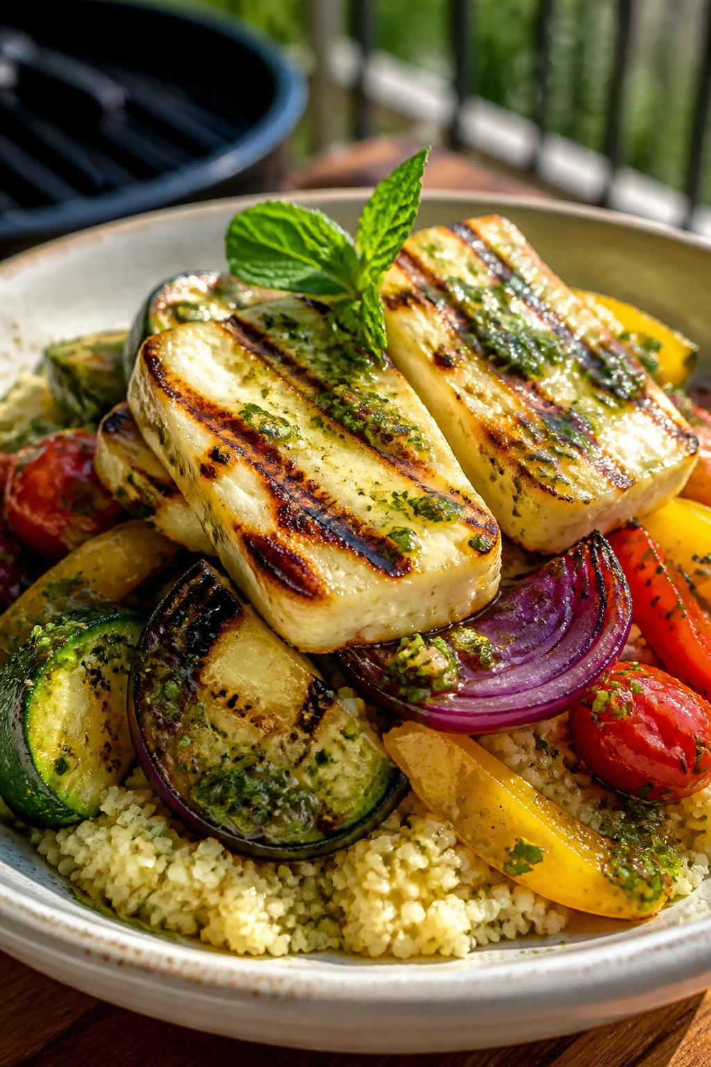 Halloumi over couscous with grilled vegetables and lemon mint dressing