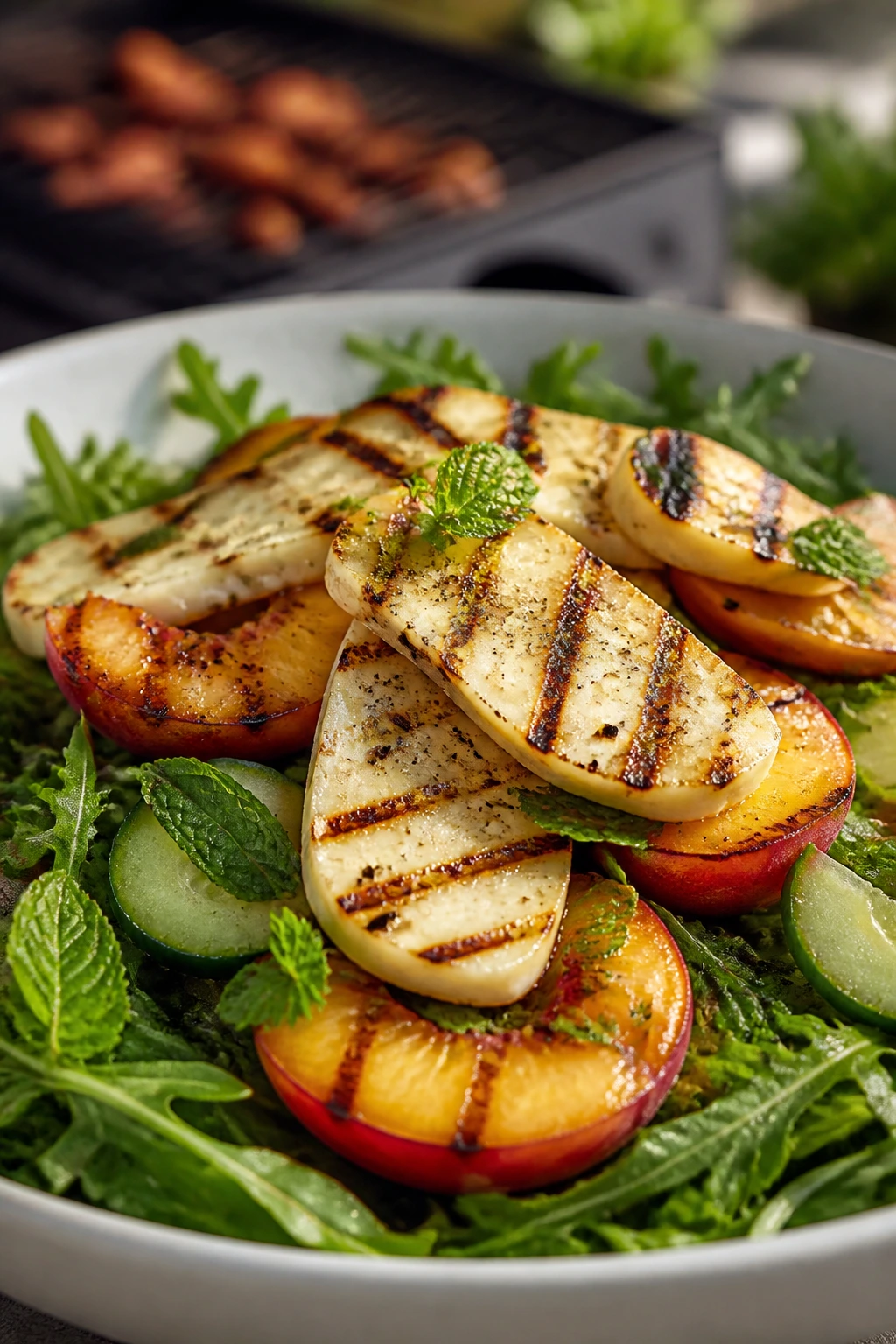 Close-up of grilled halloumi and peach salad with cucumber and mint