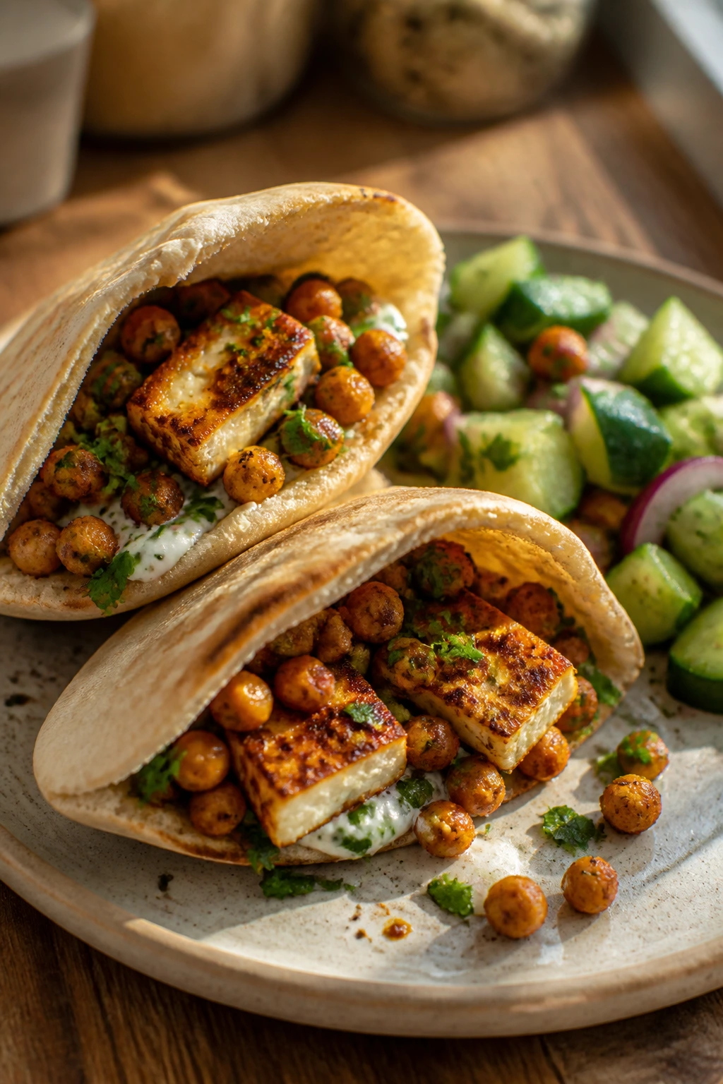 Close-up of halloumi and chickpea pita with cucumber salad on rustic plate
