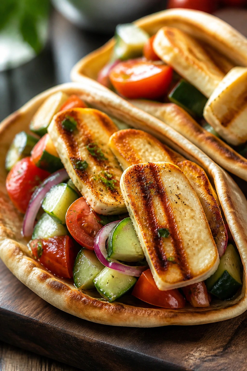 Close-up of golden halloumi on pita with cucumber salad on wooden board