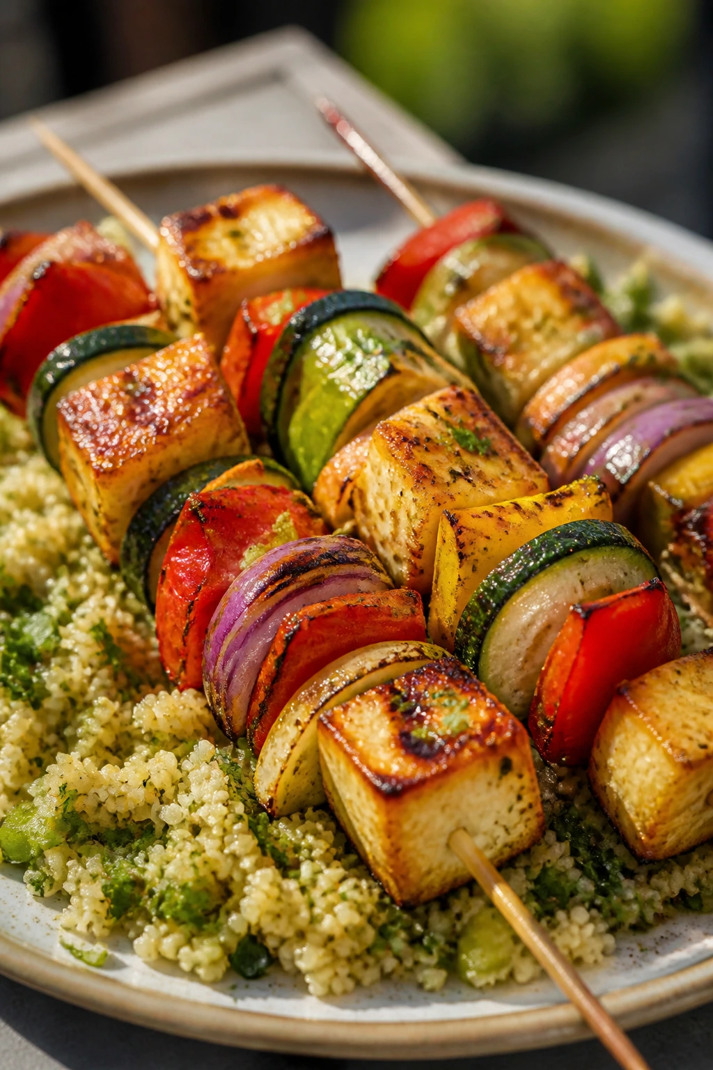 Grilled veggie and halloumi skewers over herbed couscous in an outdoor patio setting.
