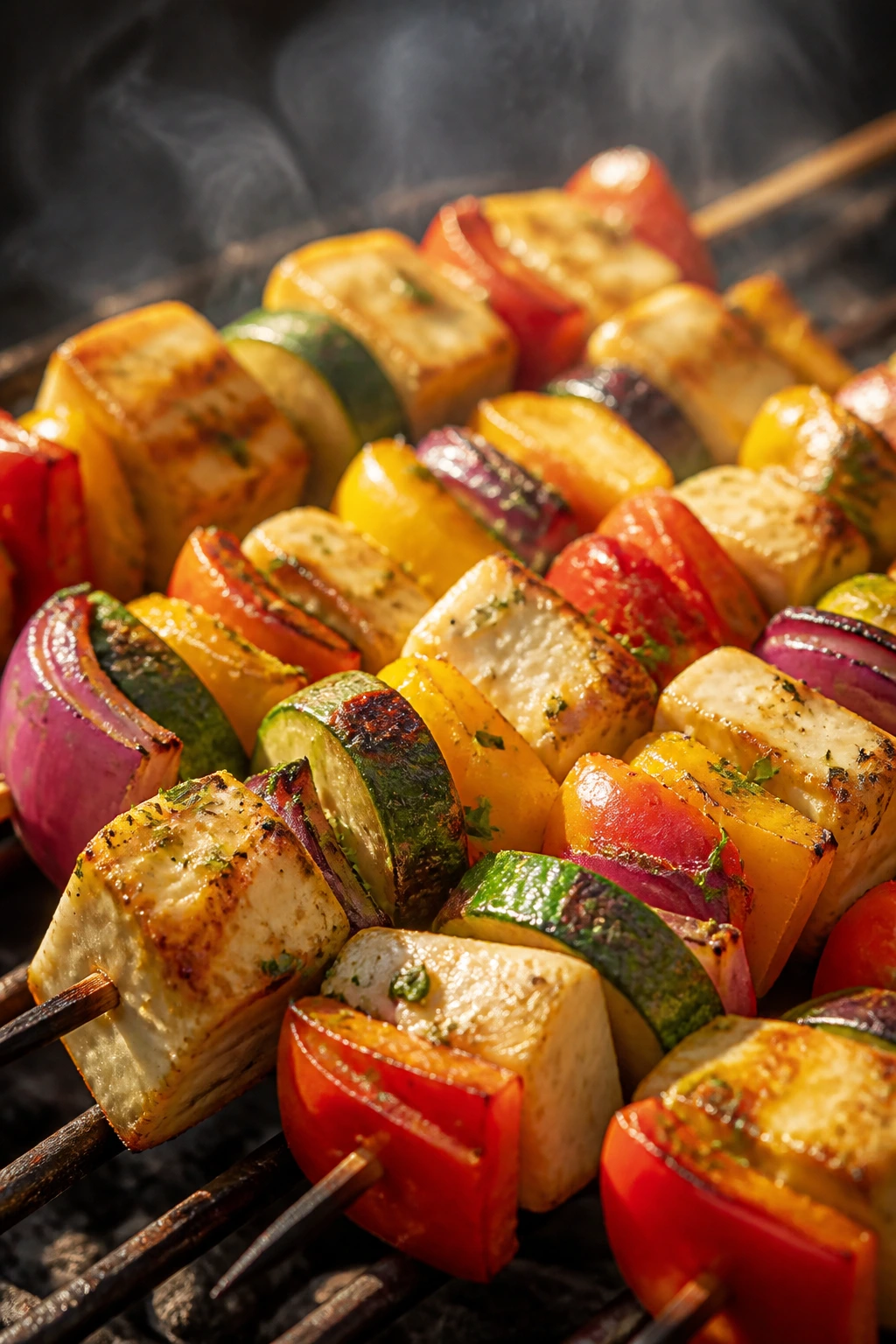 Close-up halloumi skewers with vegetables on grill