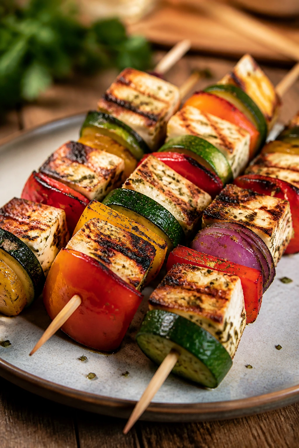 Close-up grilled halloumi and vegetable skewers on a rustic table.