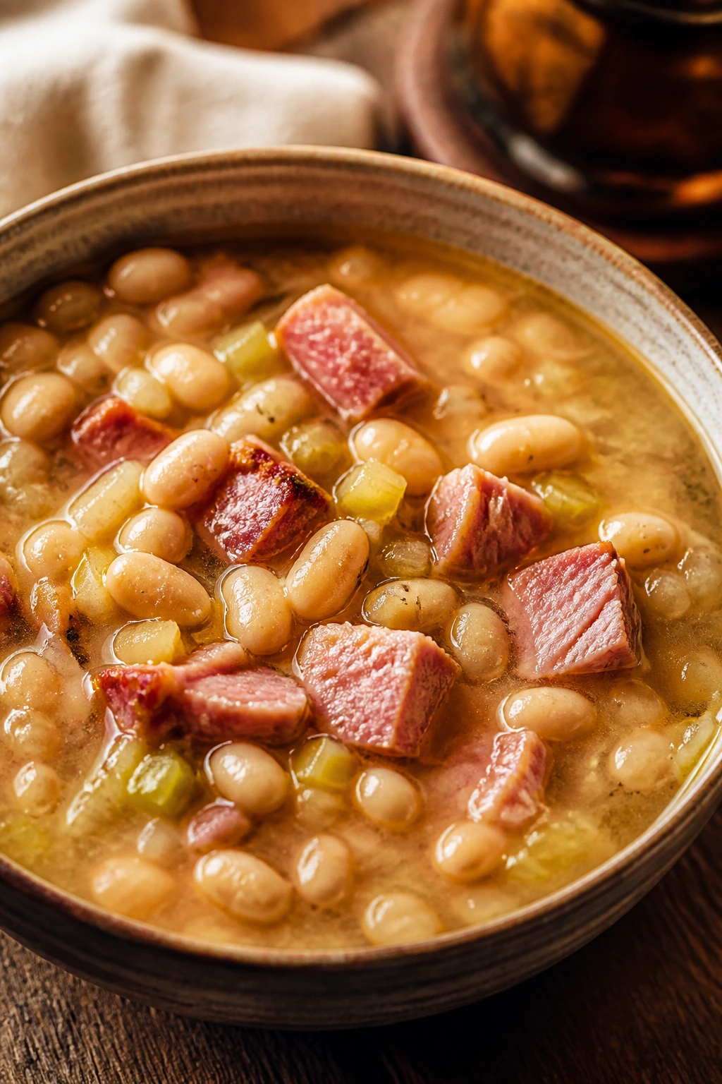 Close-up of ham and bean soup in a bowl with ham chunks and beans.