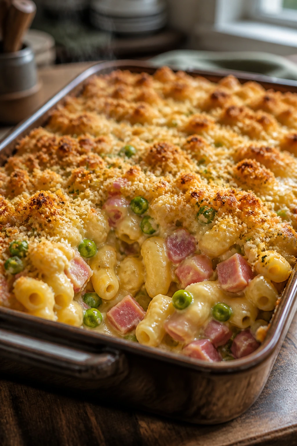 Creamy ham and pea macaroni cheese bake with breadcrumb topping