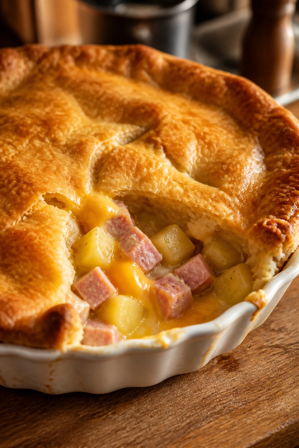 Ham potato cheddar pot pie with golden crust in warm kitchen.