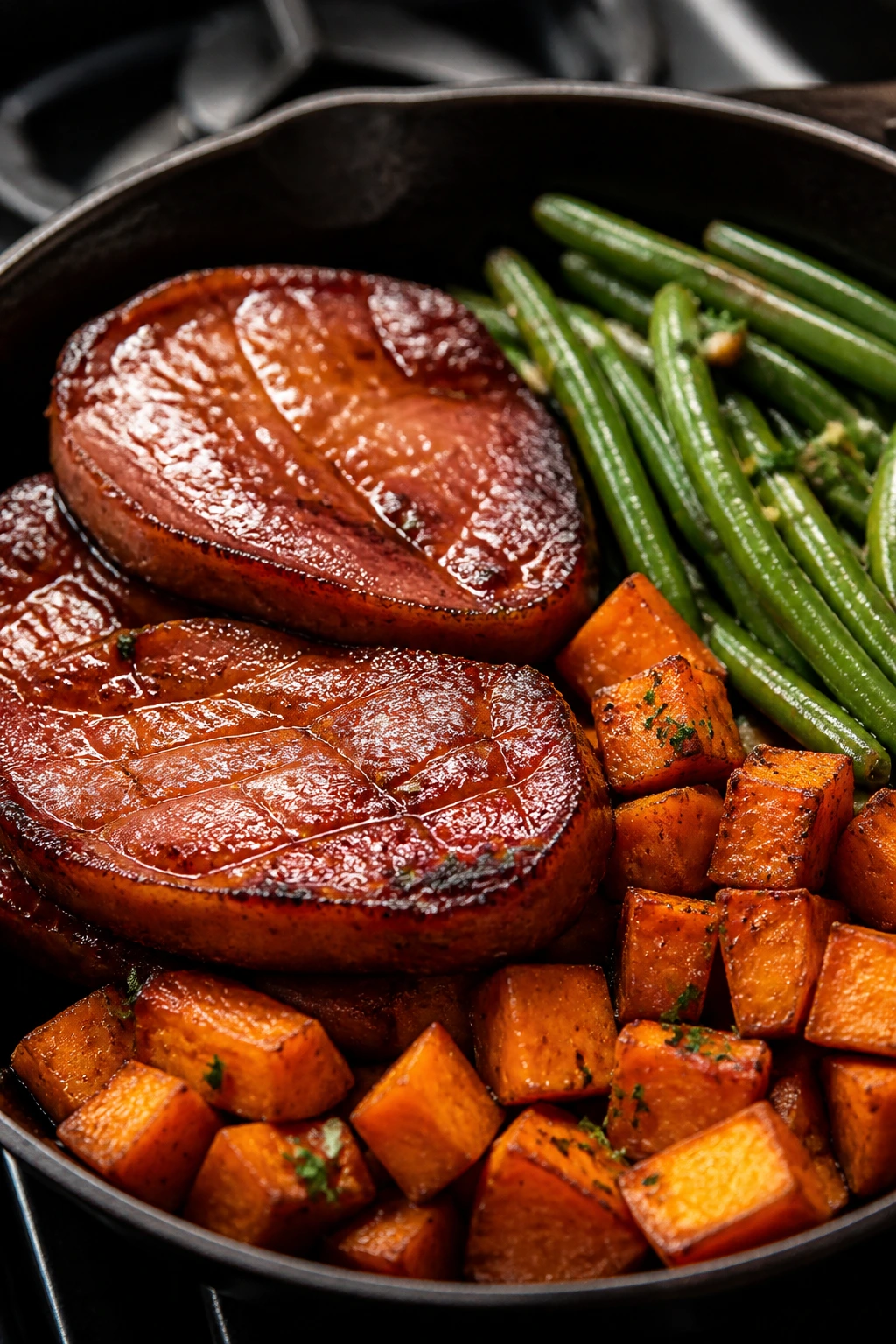 Ham steaks with glaze, green beans, and sweet potatoes on stove