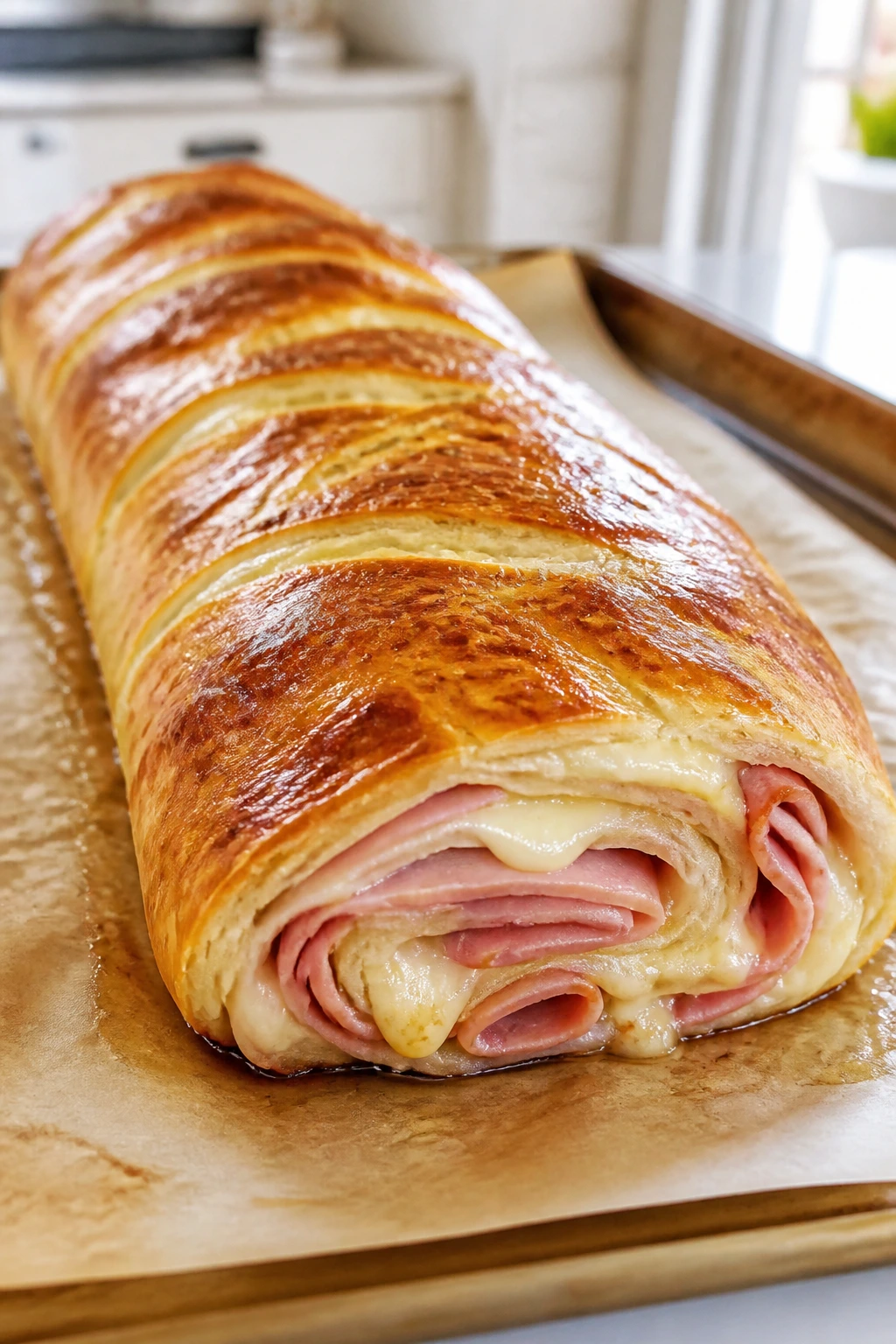 Close-up of ham and Swiss cheese stromboli on parchment