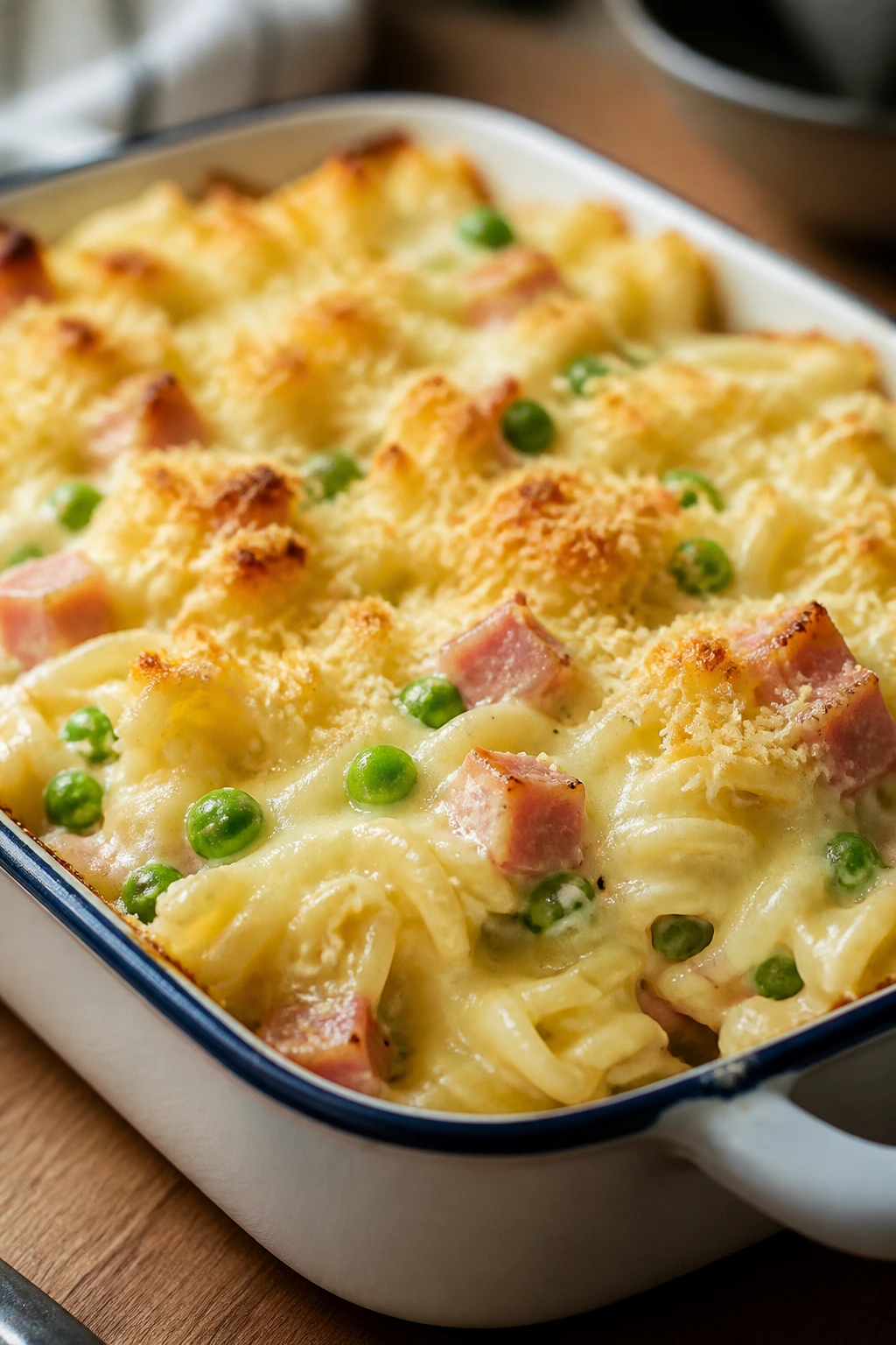 Close-up of ham and Swiss pasta bake with peas and cheese