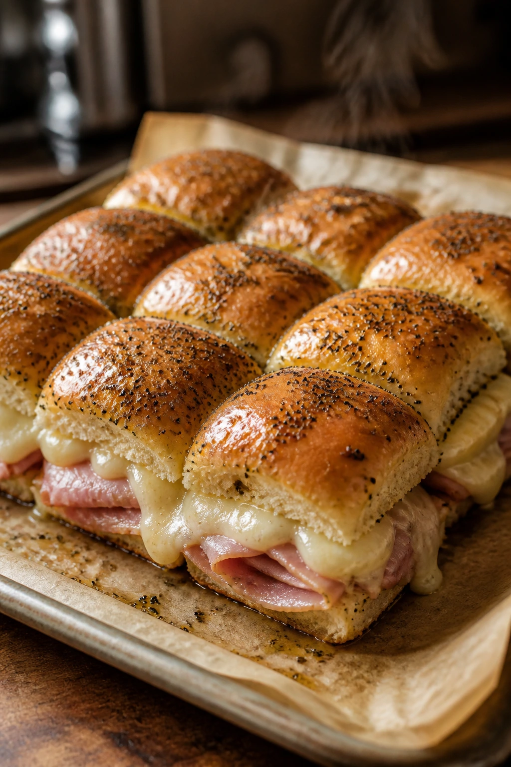 Close-up of ham and Swiss slider bake with golden tops on a baking sheet