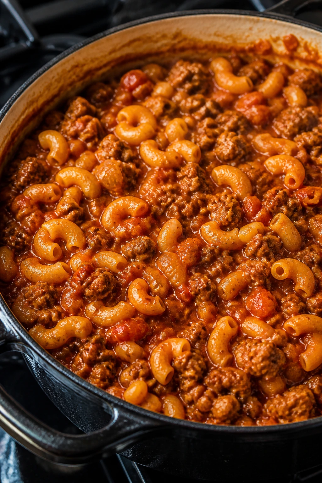 Close-up of hamburger goulash in a rustic pot with elbow macaroni