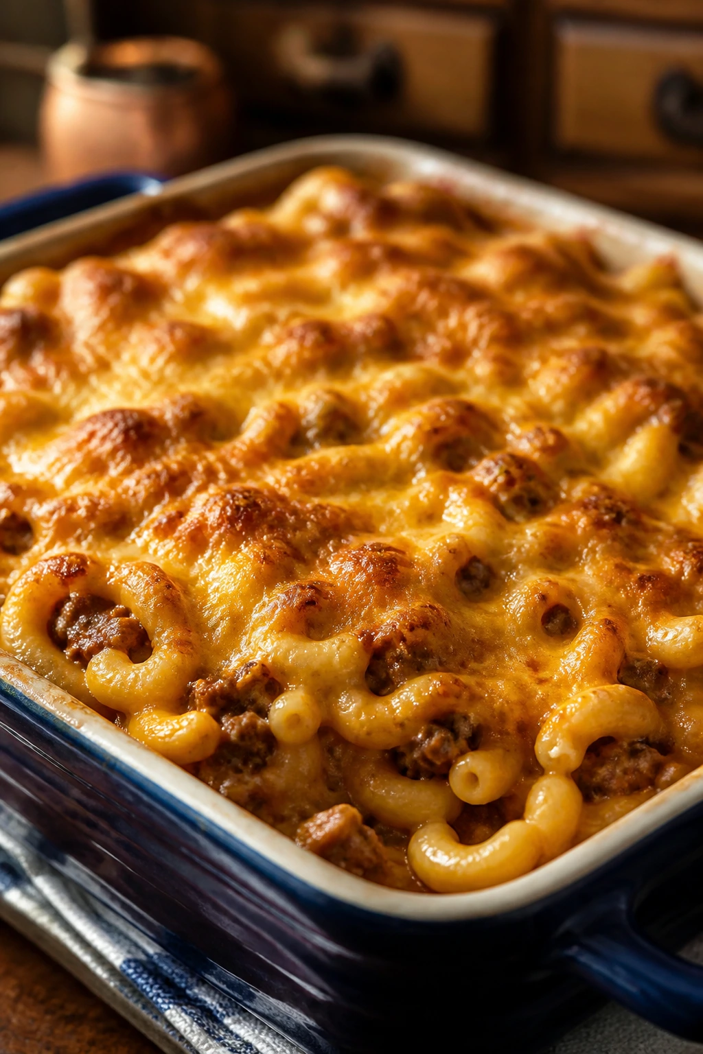 Bubbling hamburger macaroni casserole with golden crust