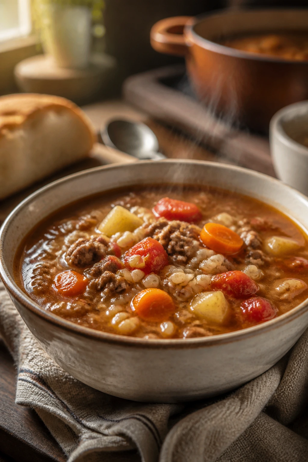 Close-up of a hearty hamburger soup with barley and vegetables in a rustic bowl