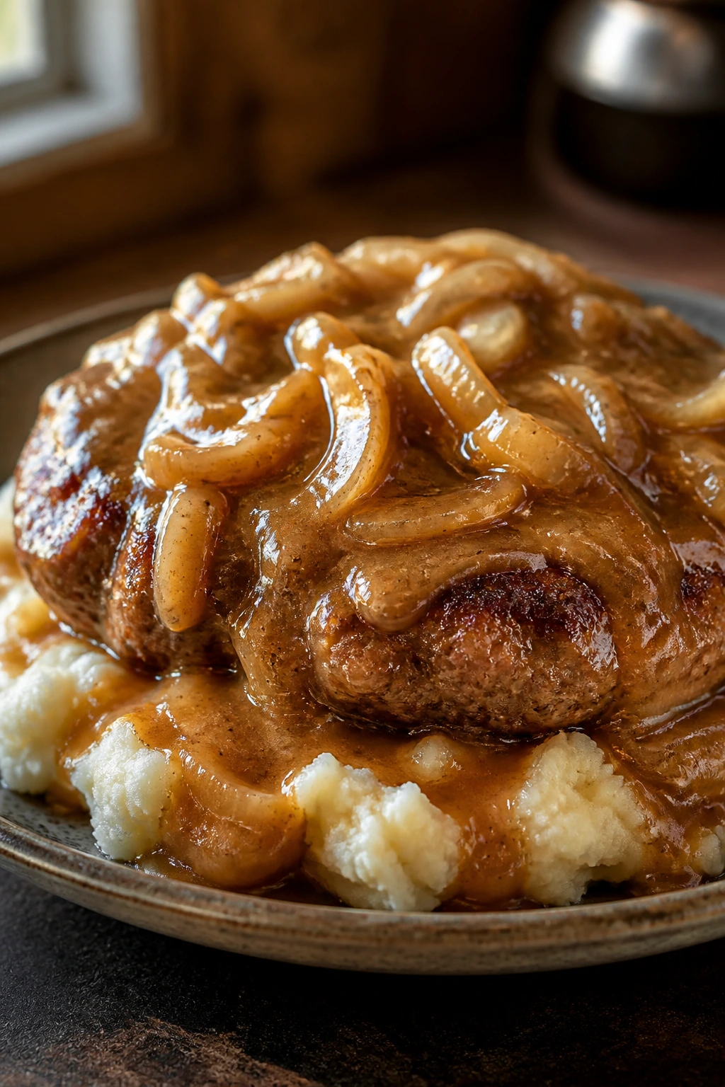 Close-up of hamburger steak with onion gravy on mashed potatoes in a rustic kitchen