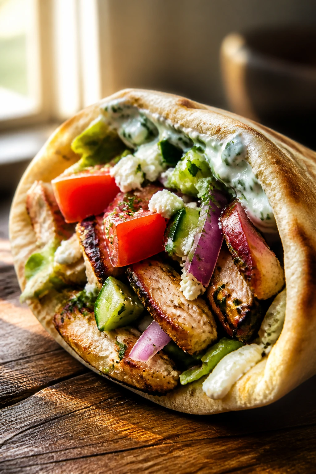 Close-up of a handheld pita dinner stuffed with colorful fillings on a wooden board