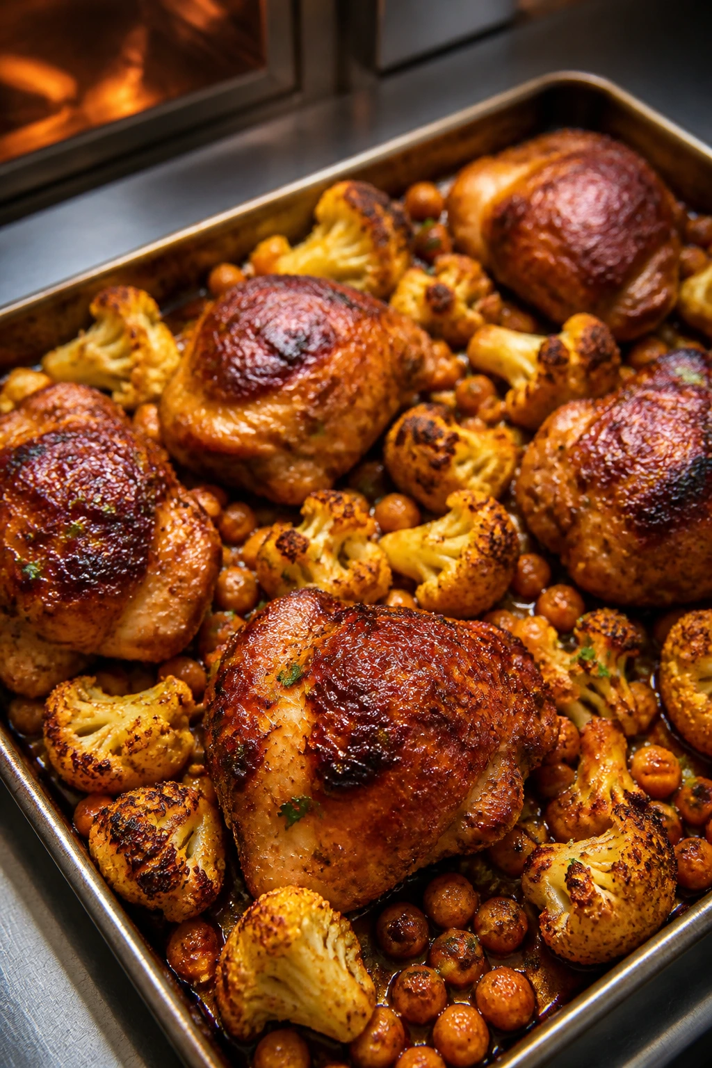 Close-up of Harissa Chicken with Cauliflower and Chickpeas on a sheet-pan roast in a home kitchen.