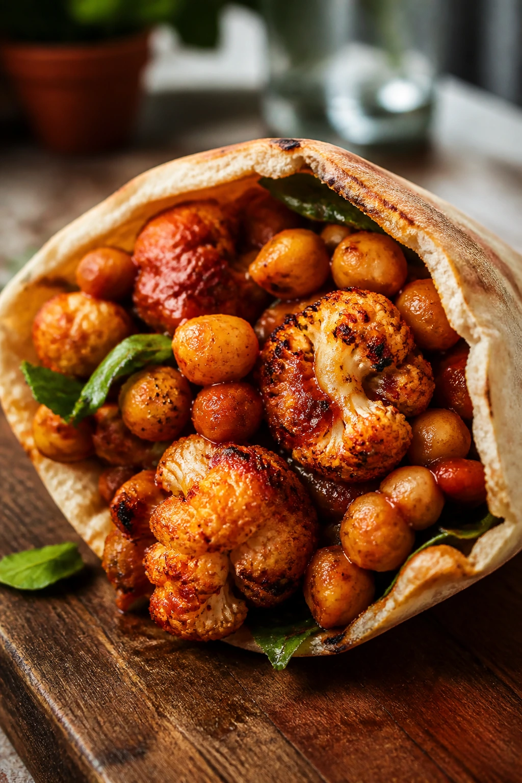 Close-up of split pita stuffed with harissa-roasted cauliflower and chickpeas on a wooden board