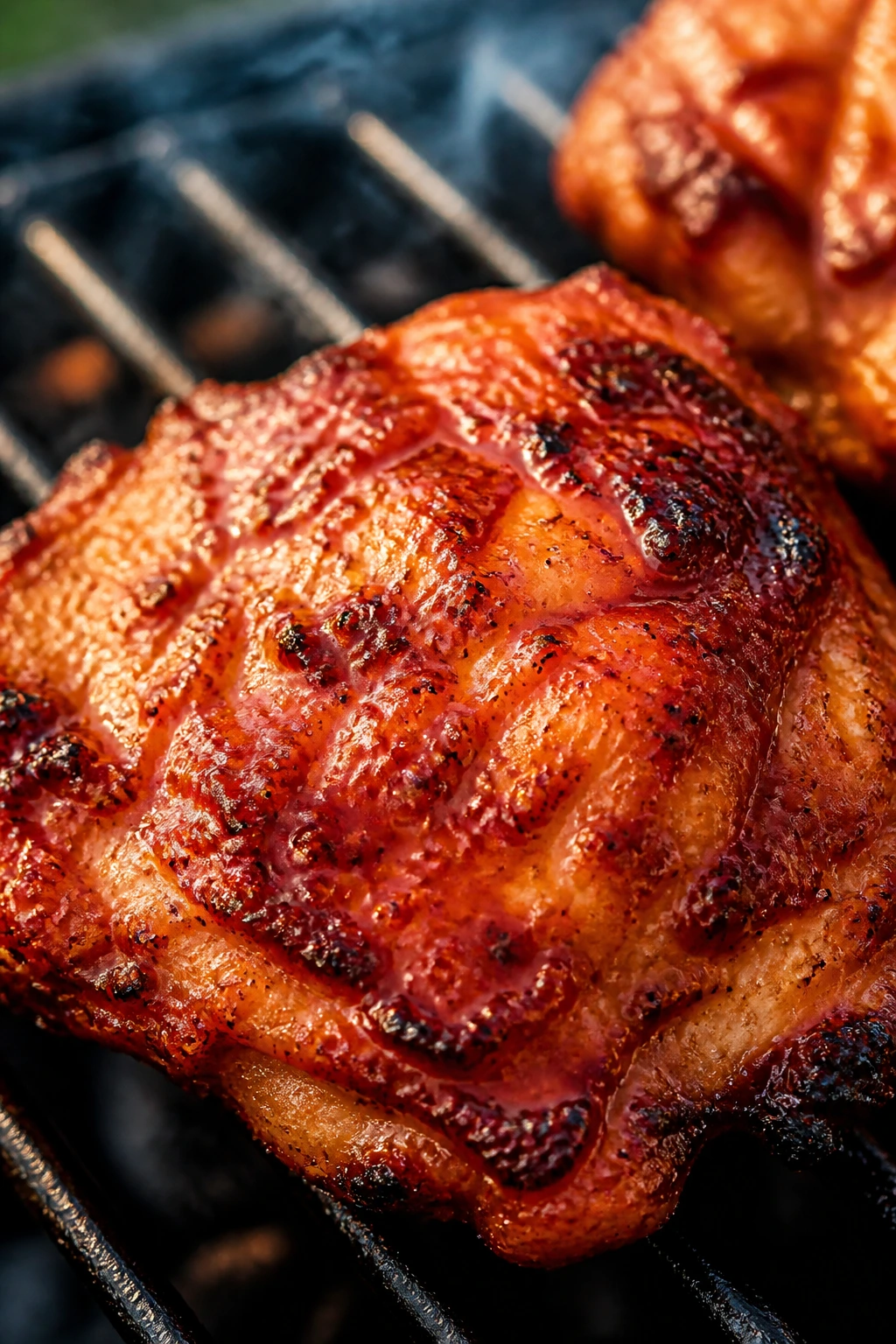 Close-up of harissa honey chicken thigh with glaze