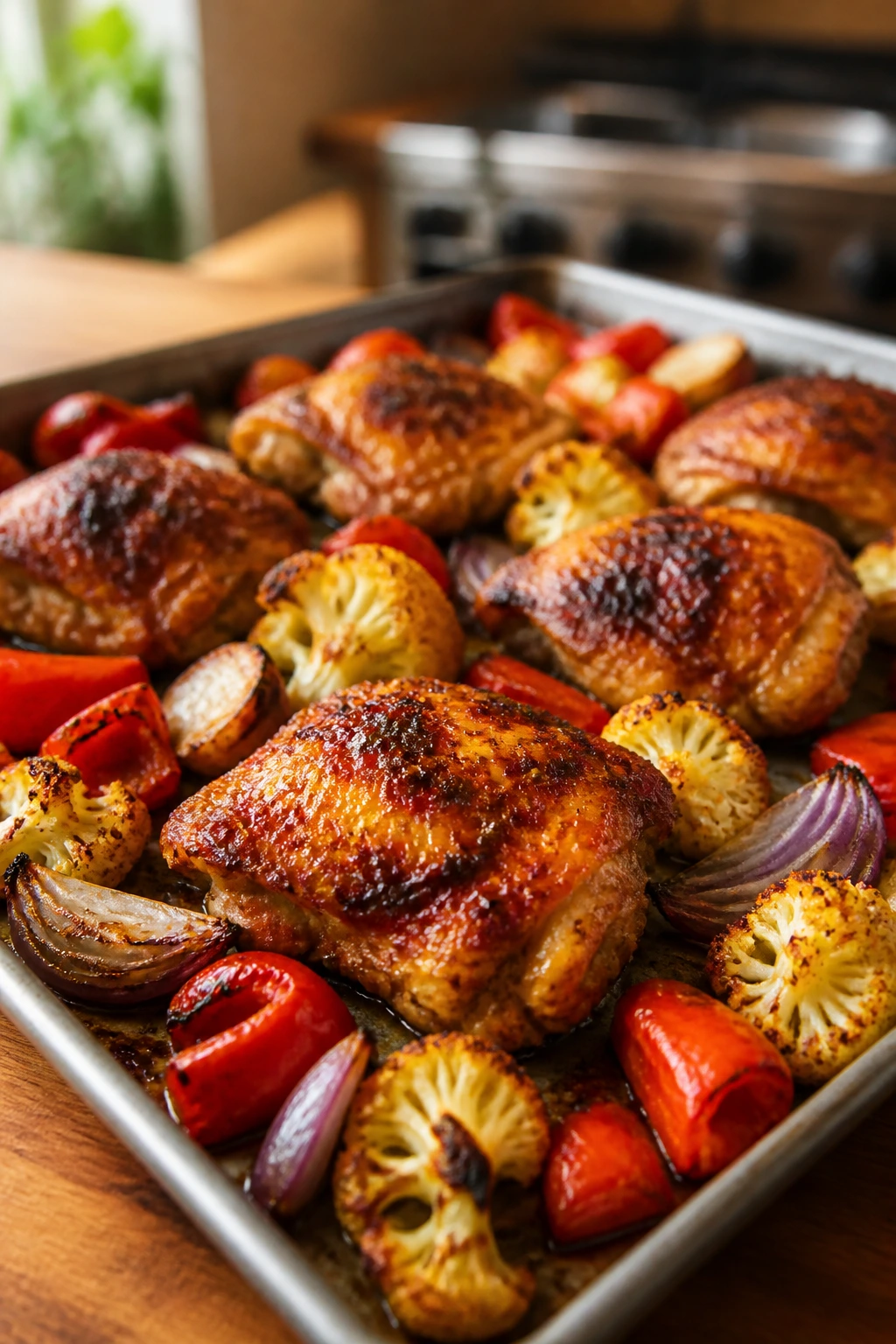 Sheet-Pan Harissa Chicken and Vegetables close-up on pan with roasted chicken, cauliflower, peppers